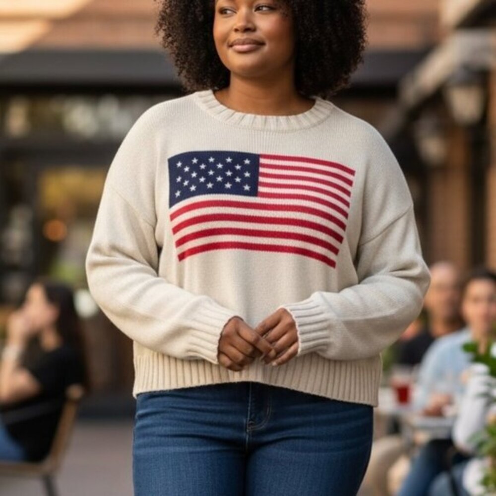 NEW Moon & Madison Flag Sweater Women’s XL Ivory Knit Relax Fit Long Sleeves NWT